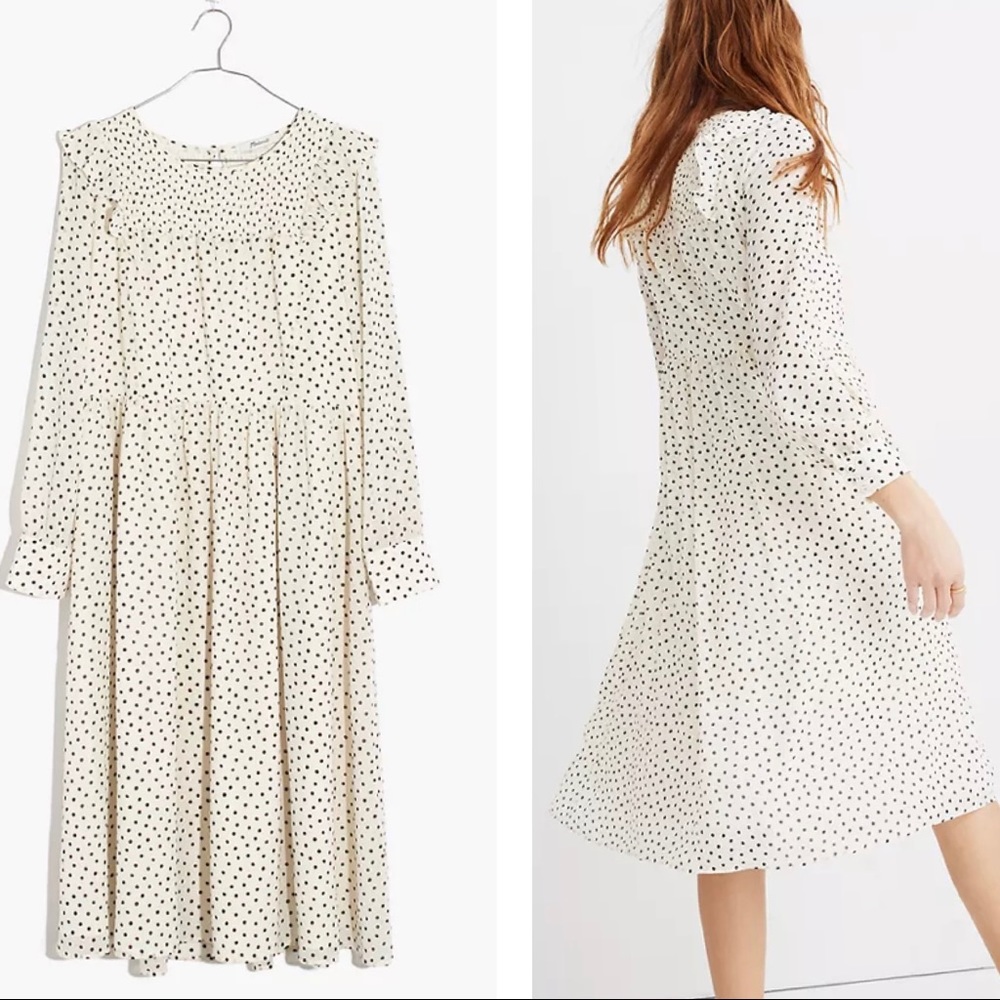 NWT MADEWELL Smocked Ruffle Polka Dot Midi Dress